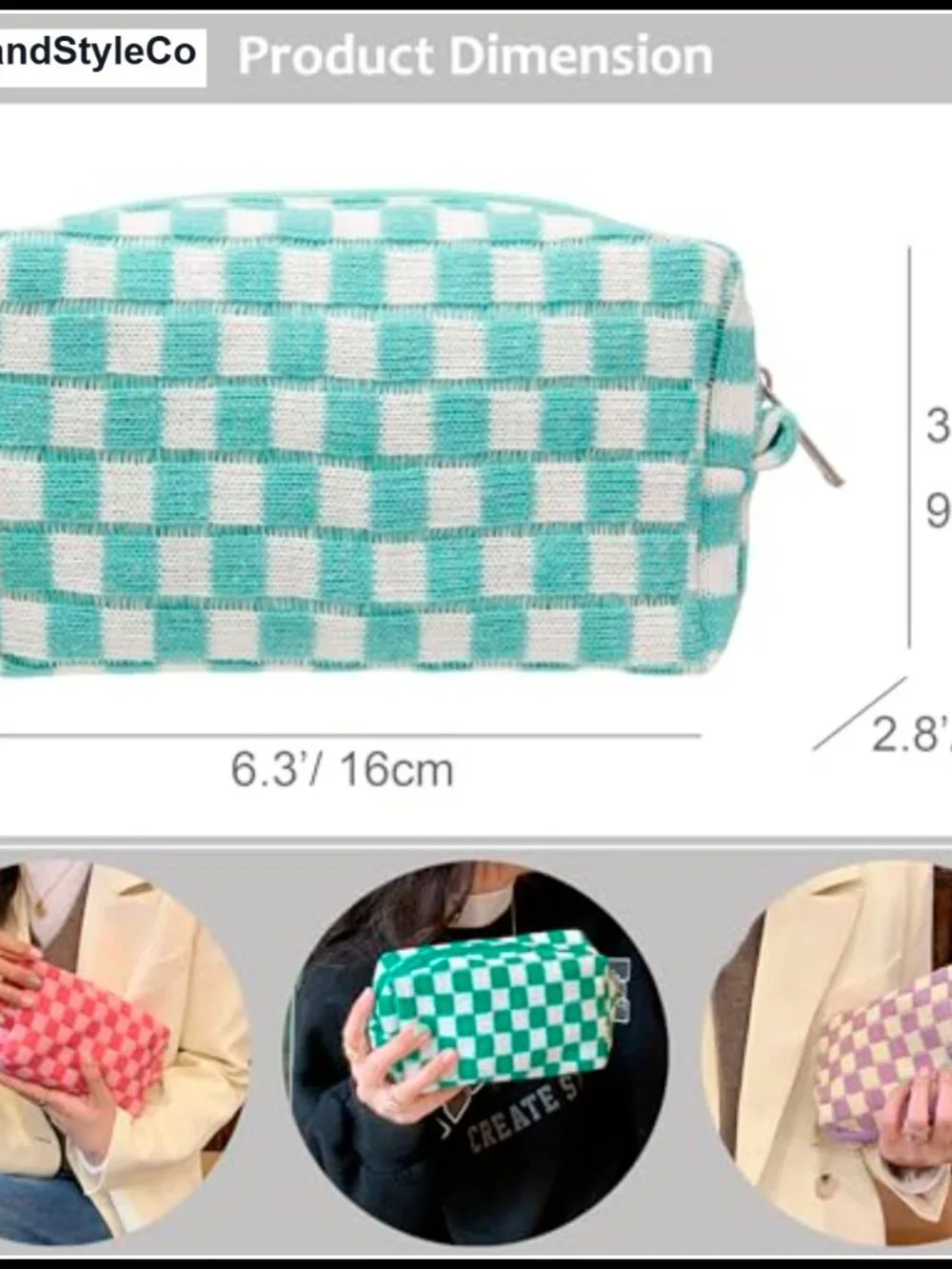 Knit Checkered Makeup Pouch for Purse, Travel Cosmetic Bag, Zippered Organizer
